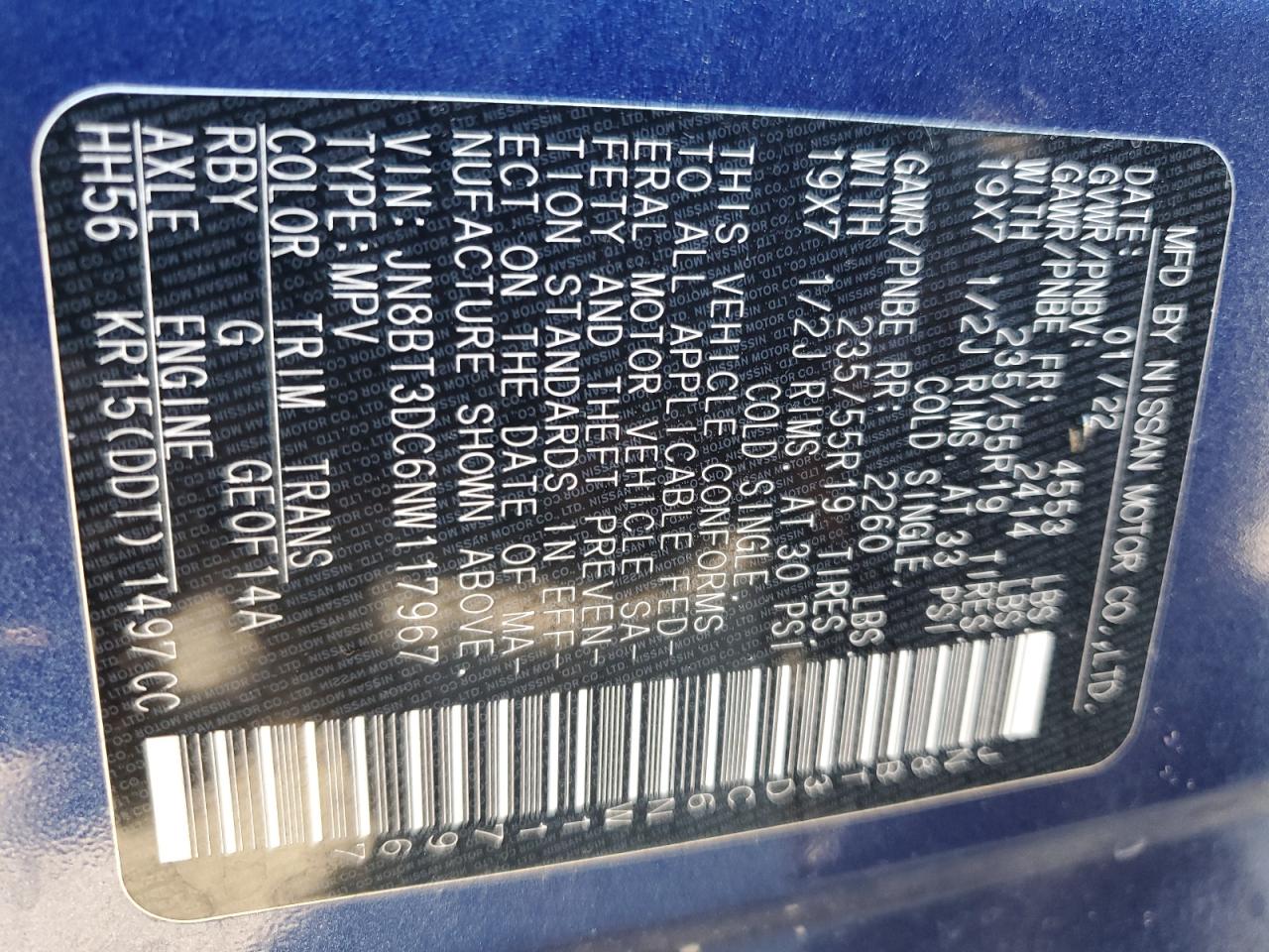 JN8BT3DC6NW117967 NISSAN ROGUE 2022