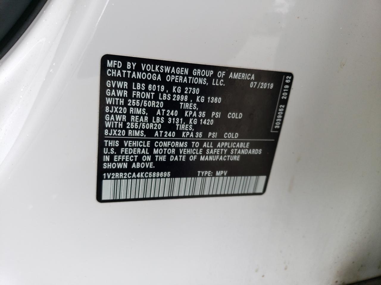 1V2RR2CA4KC589695 VOLKSWAGEN ATLAS 2019