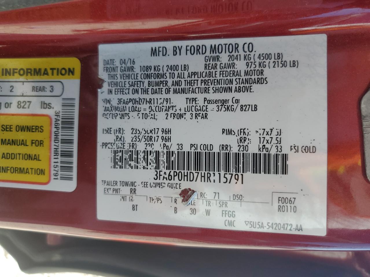 3FA6P0HD7HR115791 FORD FUSION 2017