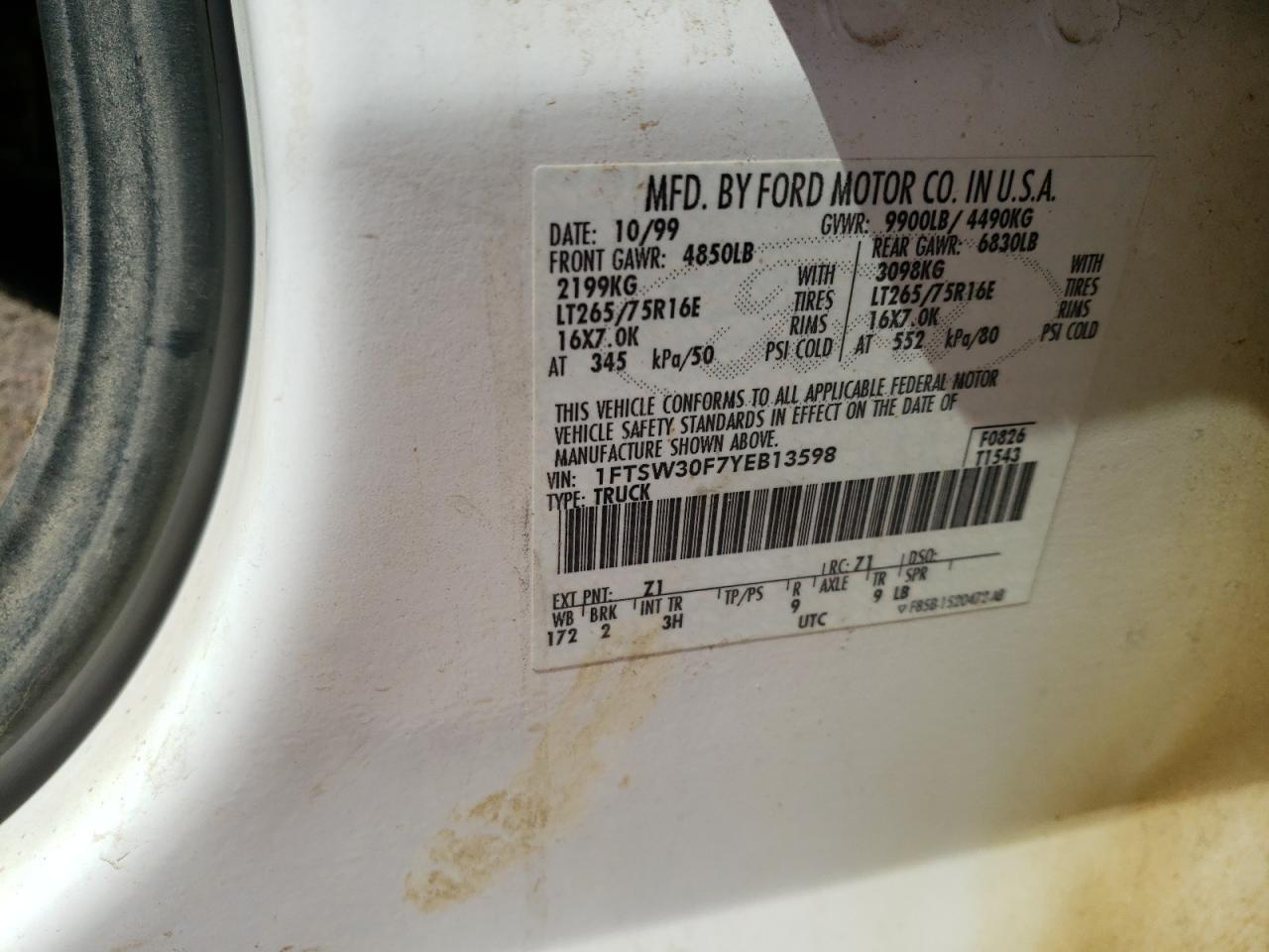 1FTSW30F7YEB13598 2000 Ford F350 Srw Super Duty