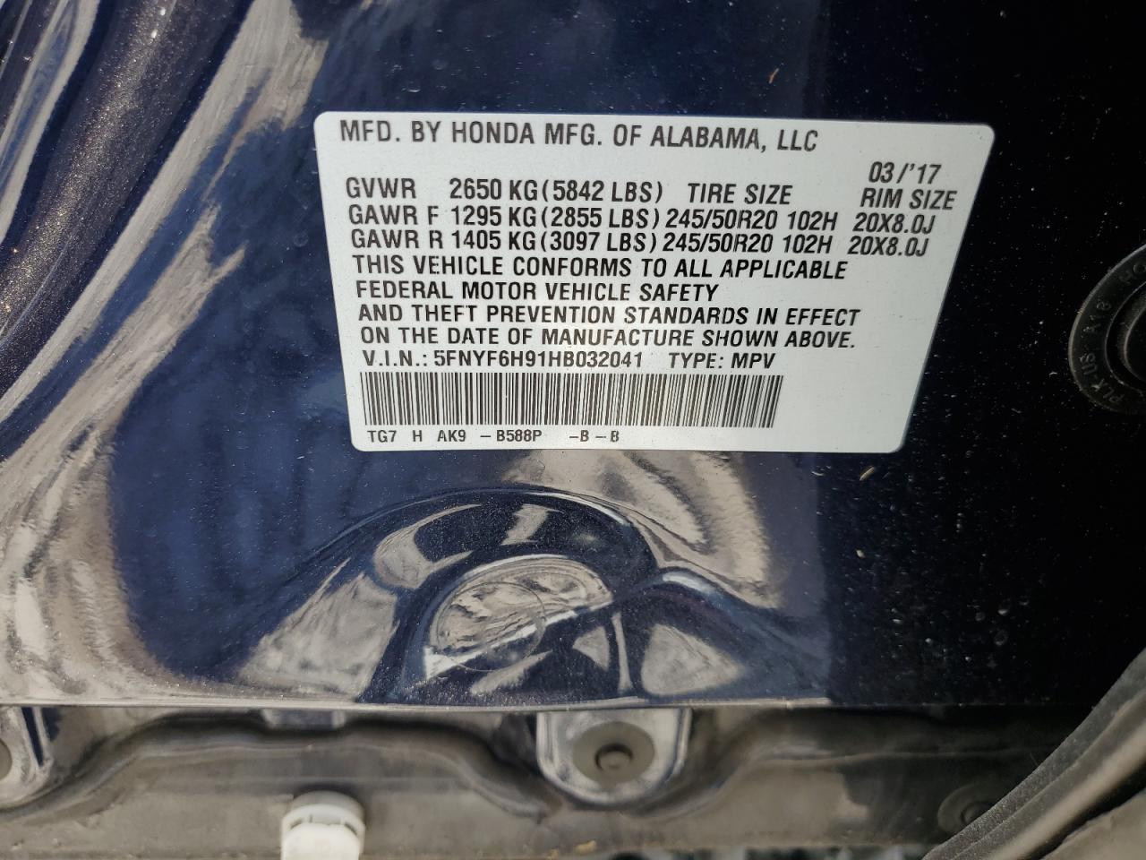 5FNYF6H91HB032041 HONDA PILOT 2017