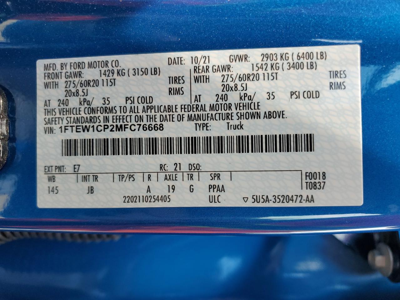 1FTEW1CP2MFC76668 FORD F-150 2021