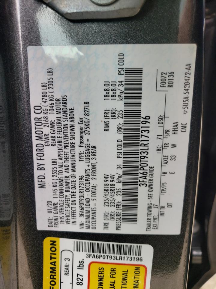 3FA6P0T93LR173196 FORD FUSION 2020