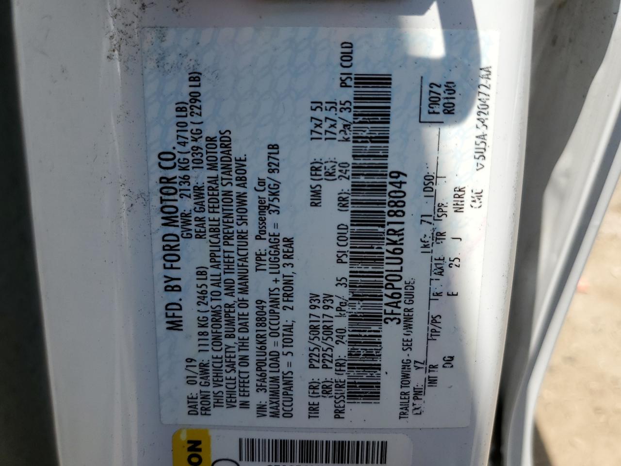3FA6P0LU6KR188049 FORD FUSION 2019