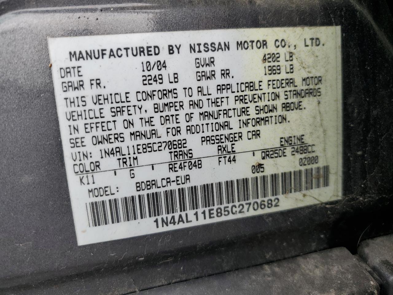 1N4AL11E85C270682 2005 Nissan Altima S