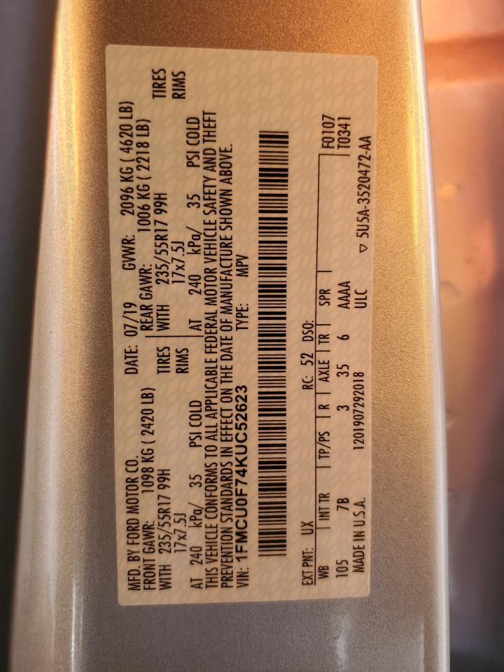 1FMCU0F74KUC52623 FORD ESCAPE 2019