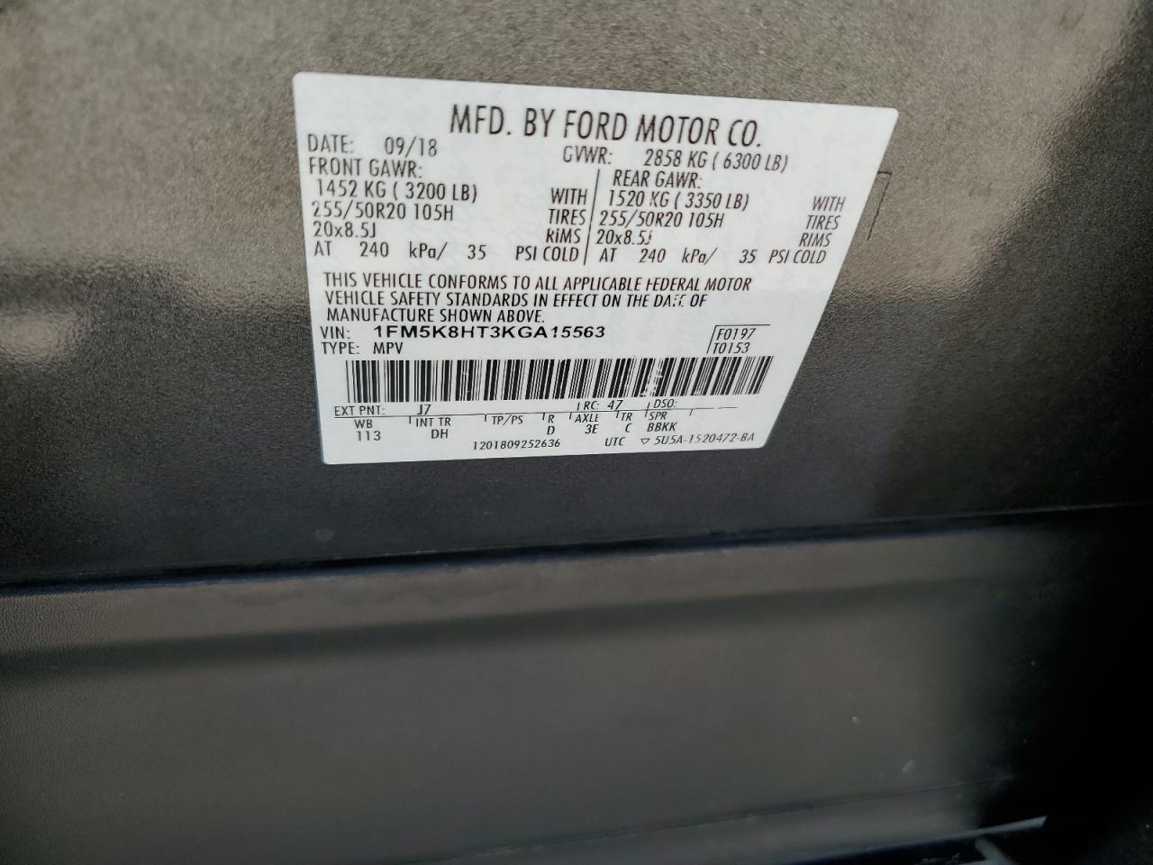 1FM5K8HT3KGA15563 FORD EXPLORER 2019