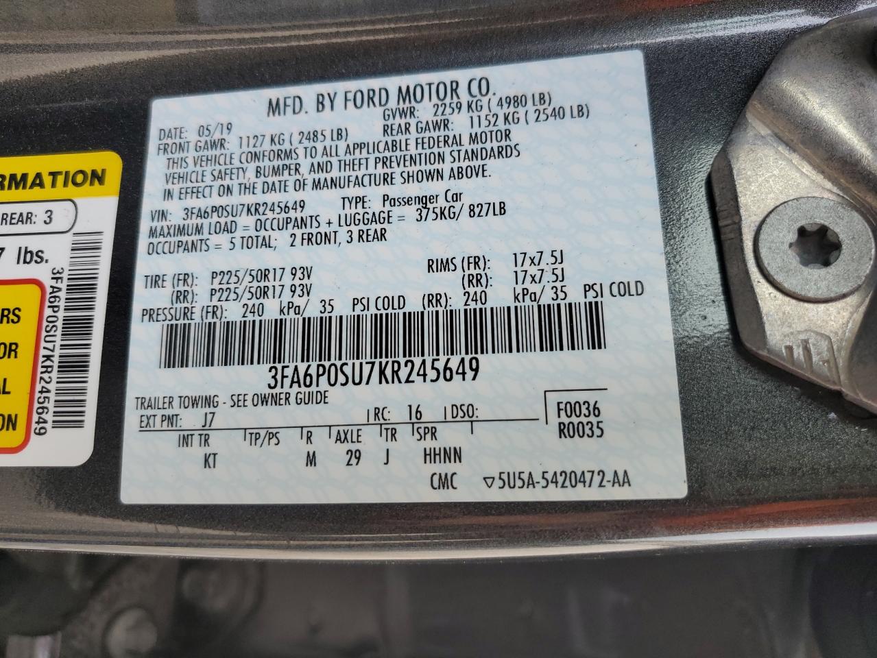 3FA6P0SU7KR245649 FORD FUSION 2019