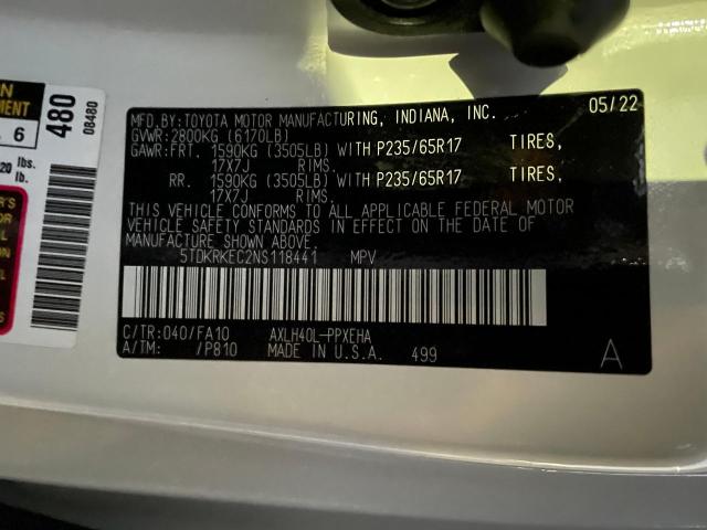5TDKRKEC2NS118441 Toyota SIENNA LE