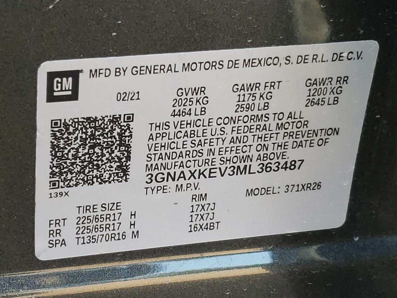 3GNAXKEV3ML363487 CHEVROLET EQUINOX 2021