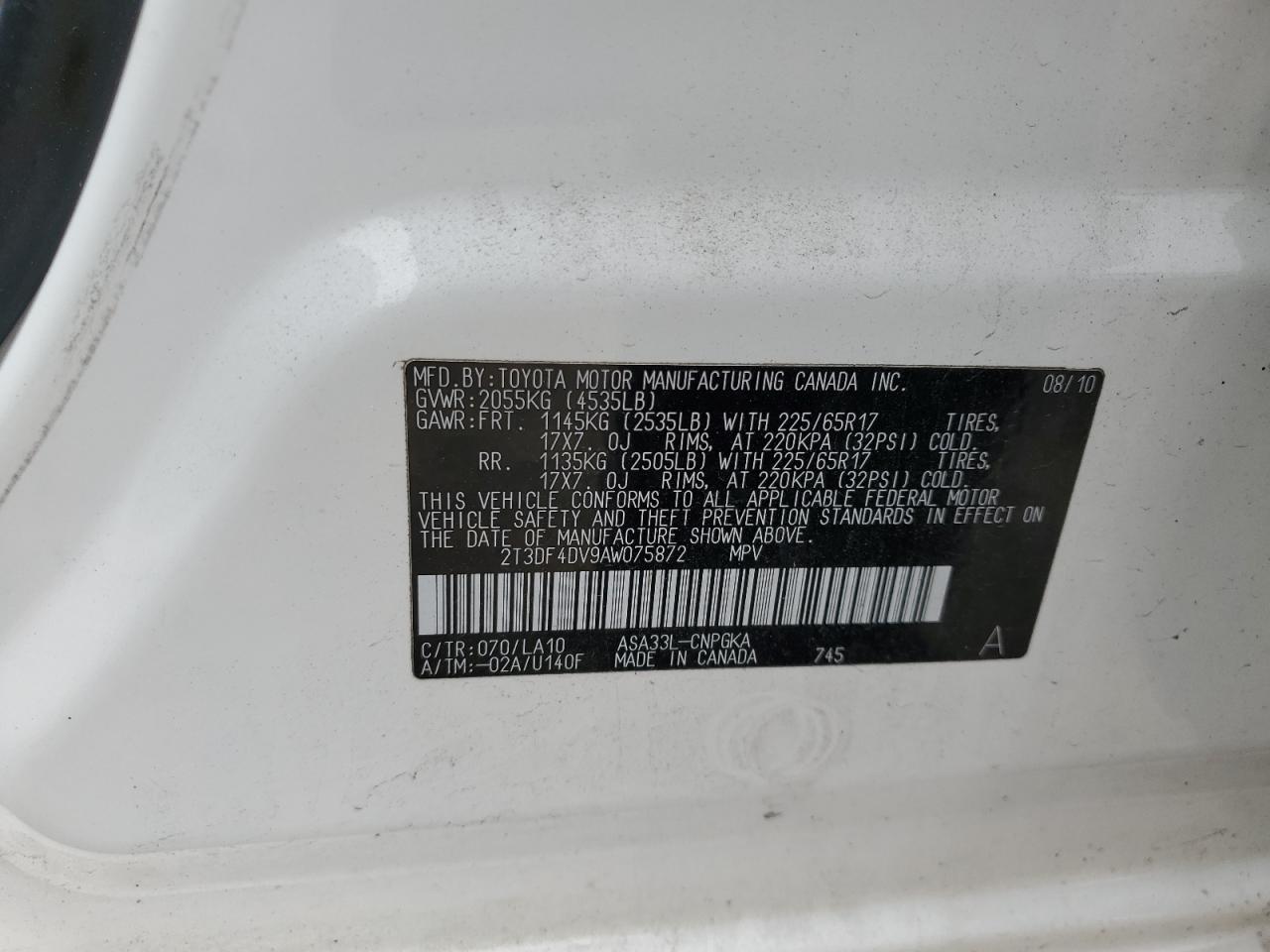 2T3DF4DV9AW075872 2010 Toyota Rav4 Limited