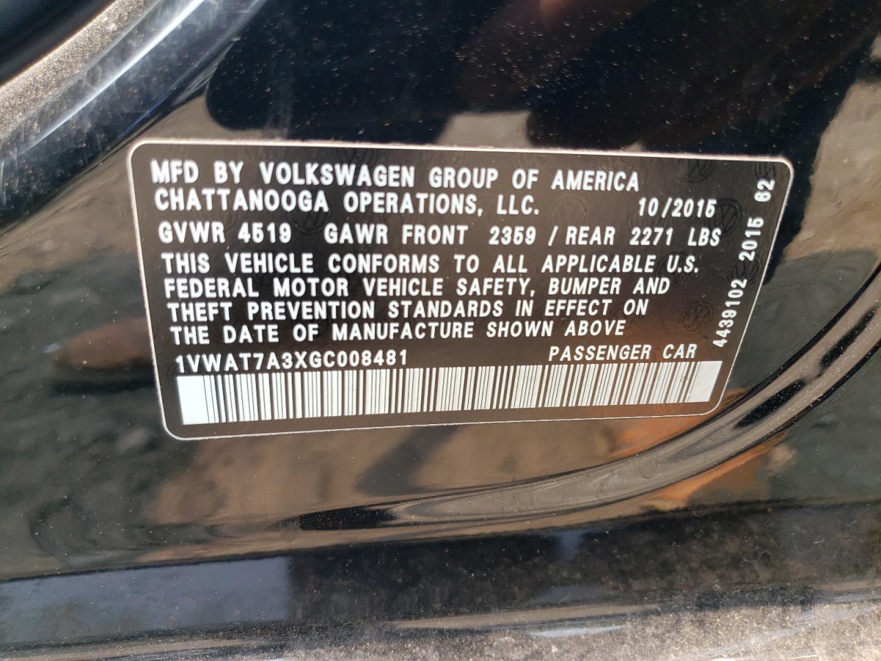 1VWAT7A3XGC008481 VOLKSWAGEN PASSAT 2016