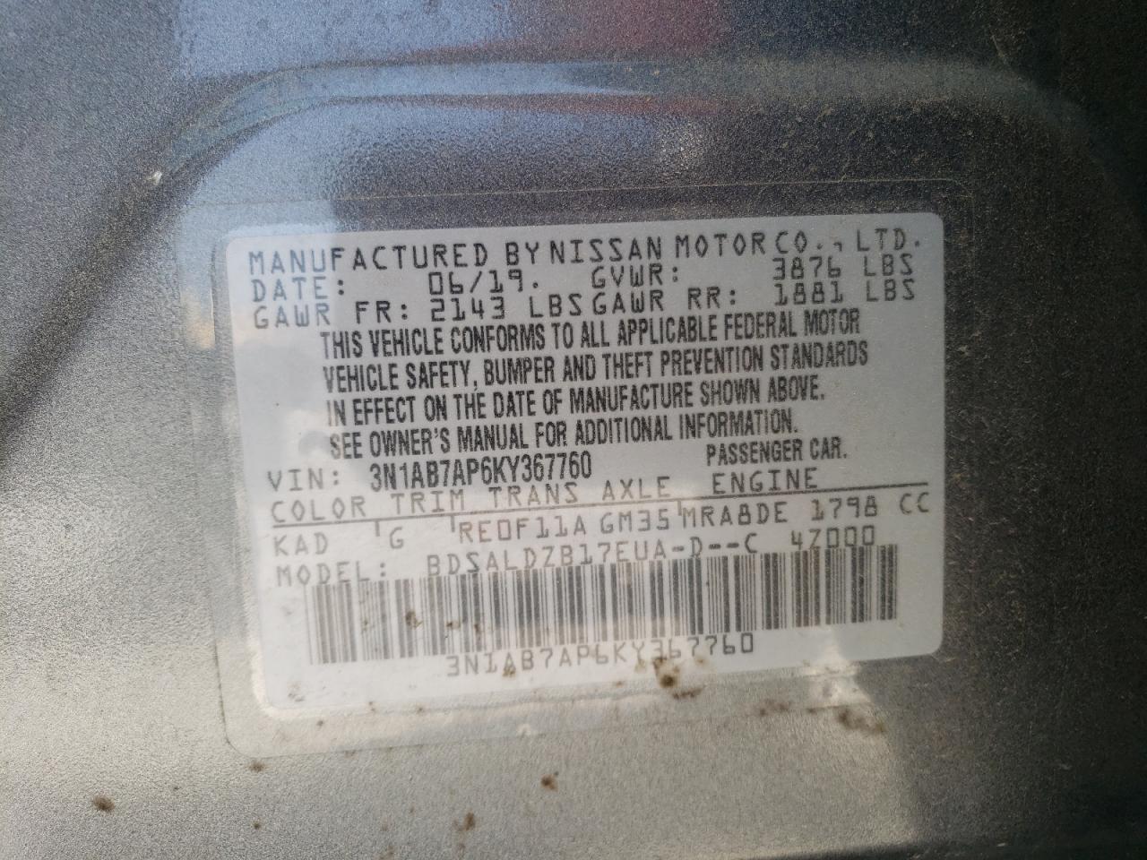 3N1AB7AP6KY367760 NISSAN SENTRA 2019