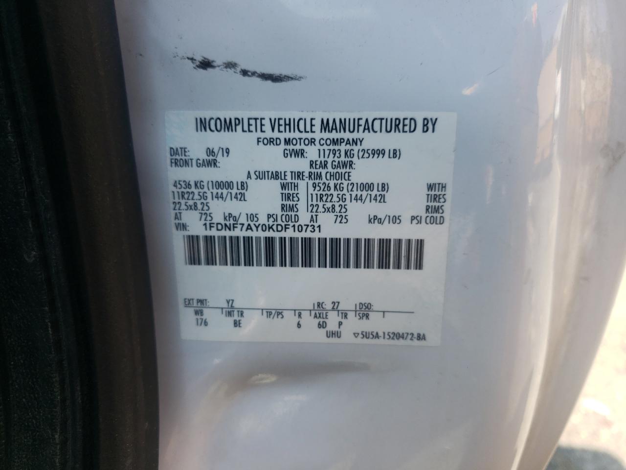 1FDNF7AY0KDF10731 FORD F750 2019