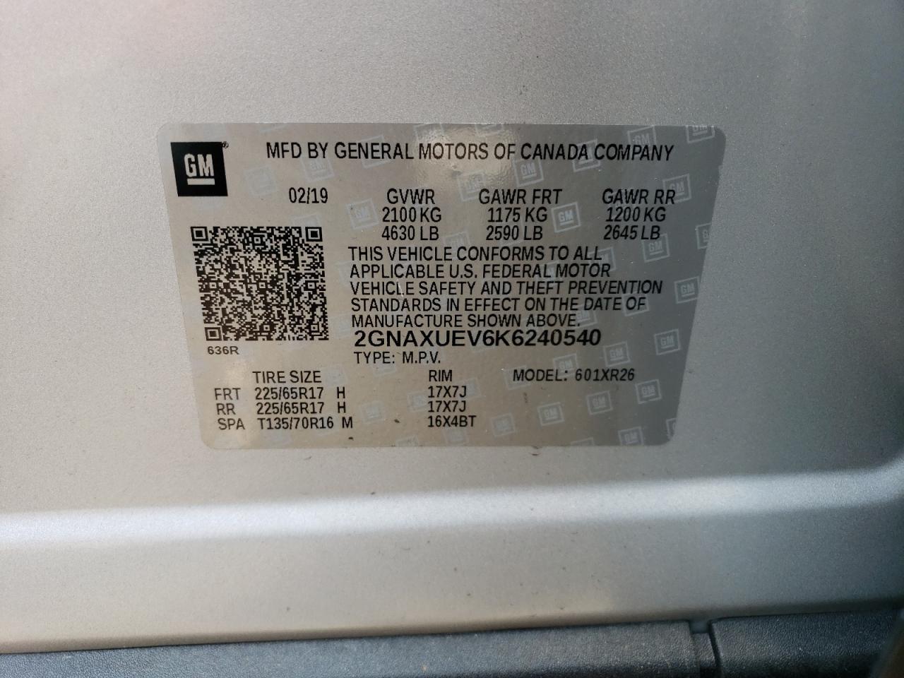 2GNAXUEV6K6240540 CHEVROLET EQUINOX 2019