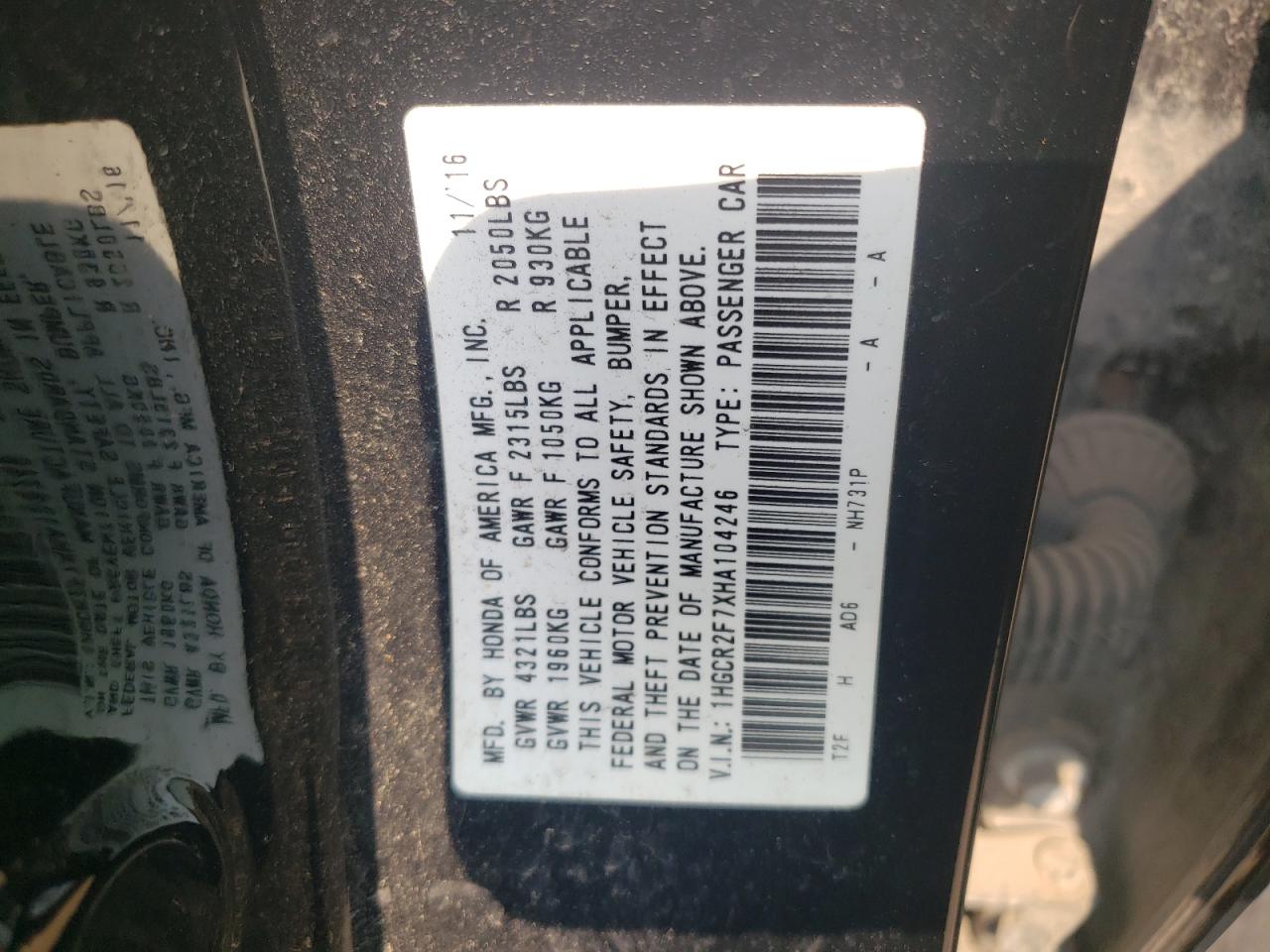 1HGCR2F7XHA104246 HONDA ACCORD 2017