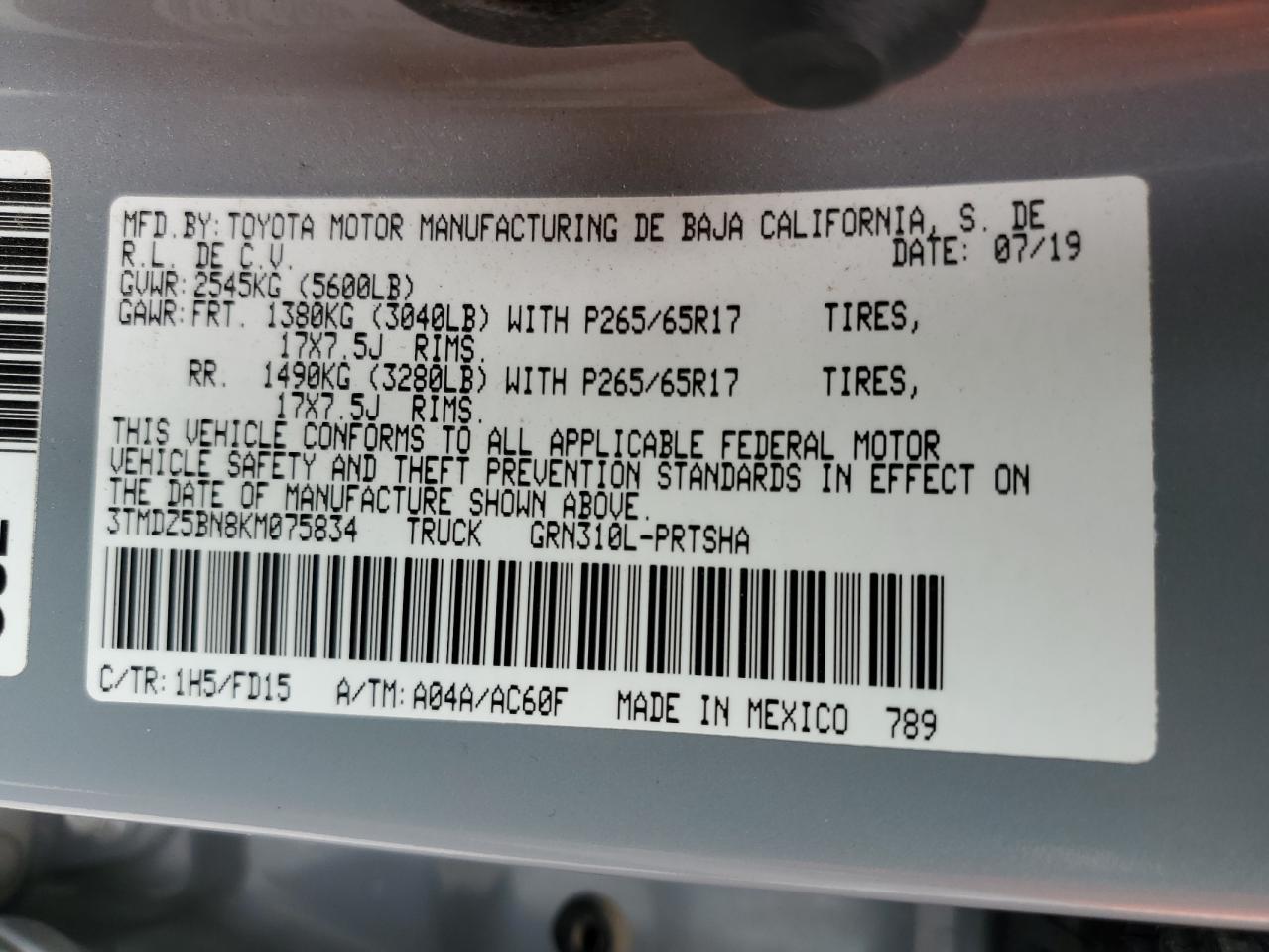 3TMDZ5BN8KM075834 TOYOTA TACOMA 2019