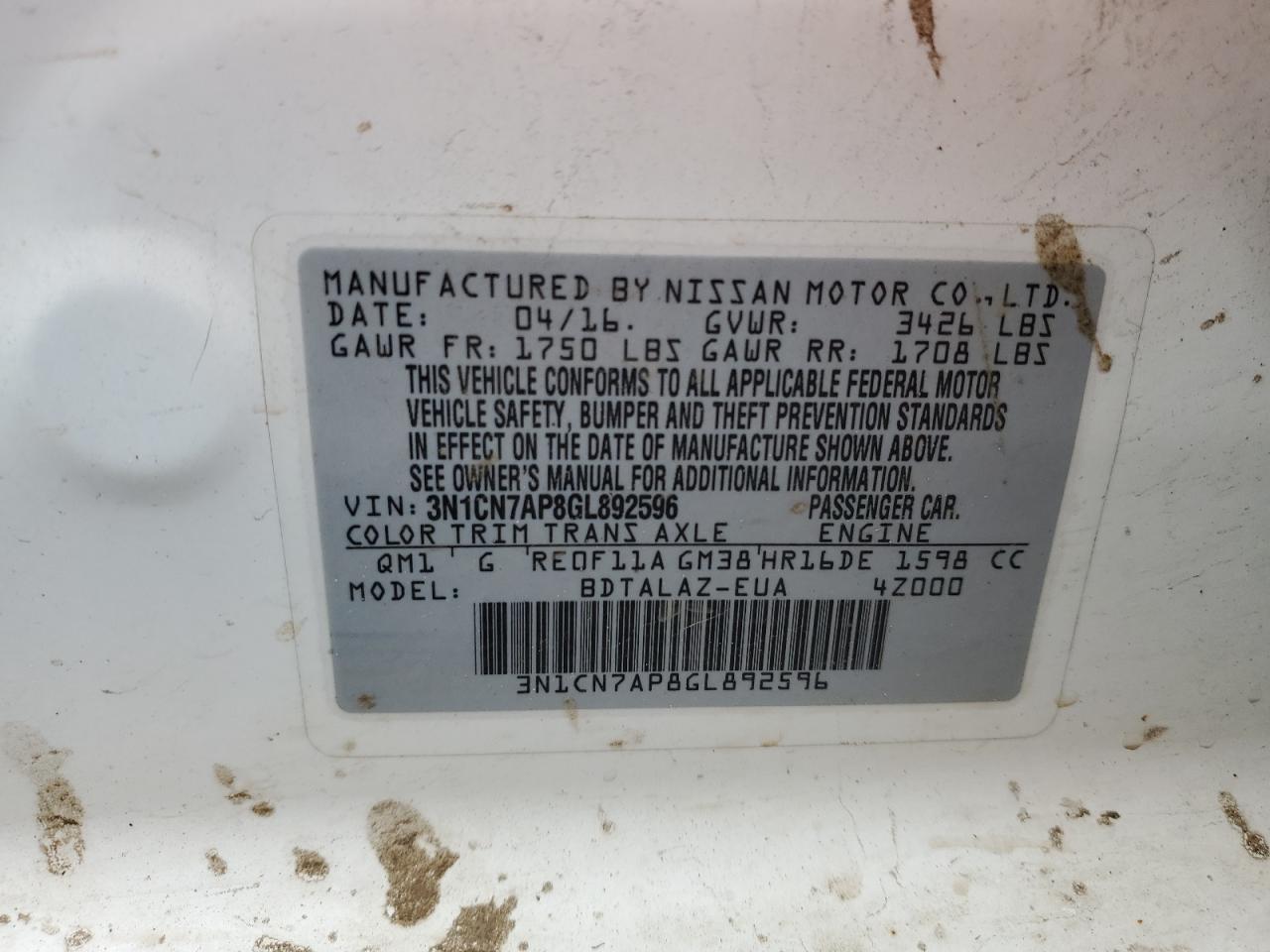 3N1CN7AP8GL892596 NISSAN VERSA 2016
