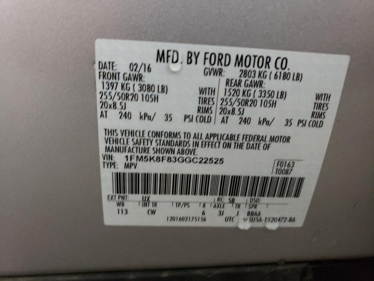 1FM5K8F83GGC22525 FORD EXPLORER 2016