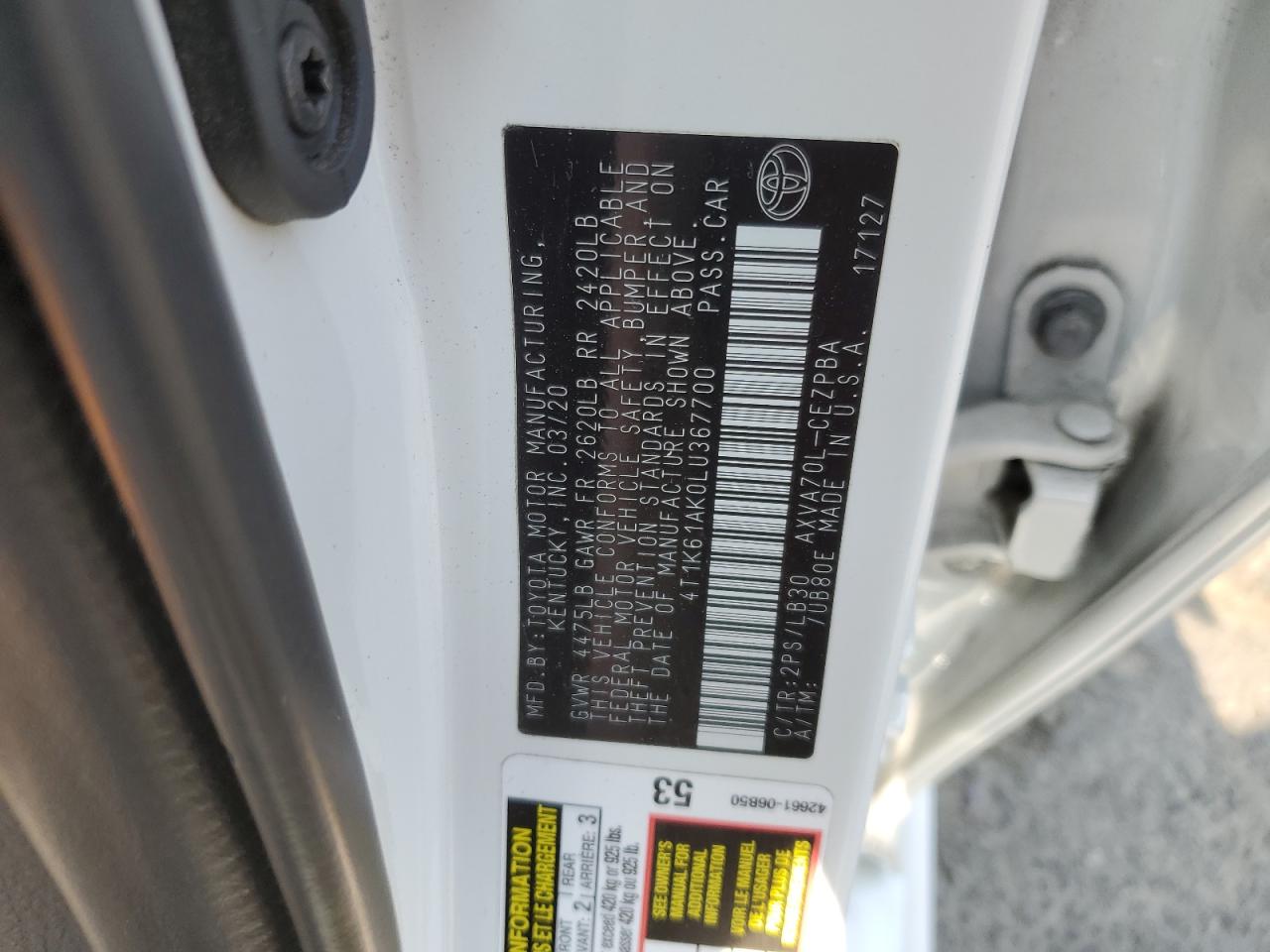 4T1K61AK0LU367700 TOYOTA CAMRY 2020