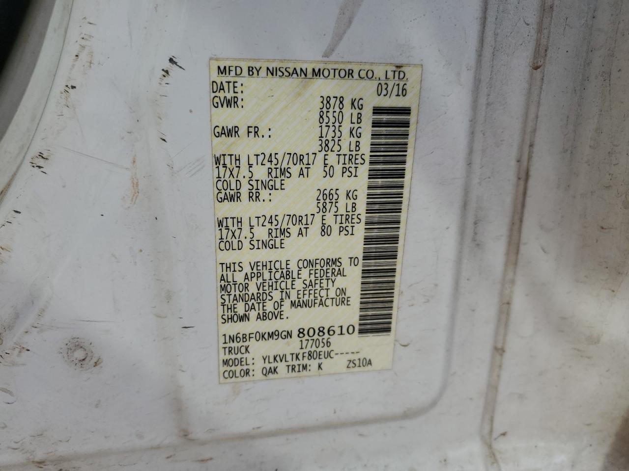 1N6BF0KM9GN808610 NISSAN NV 2016