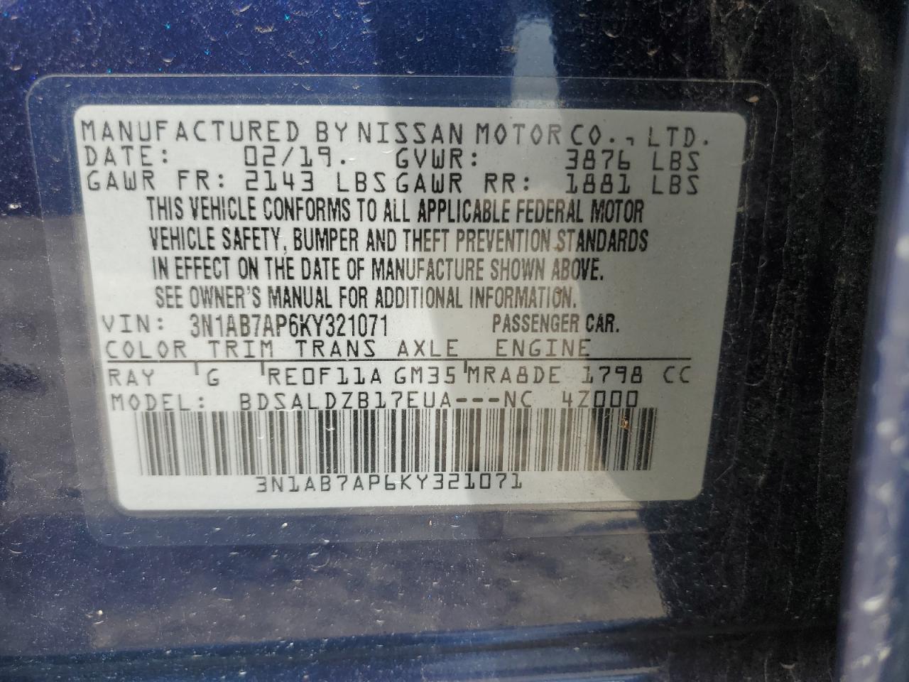 3N1AB7AP6KY321071 NISSAN SENTRA 2019