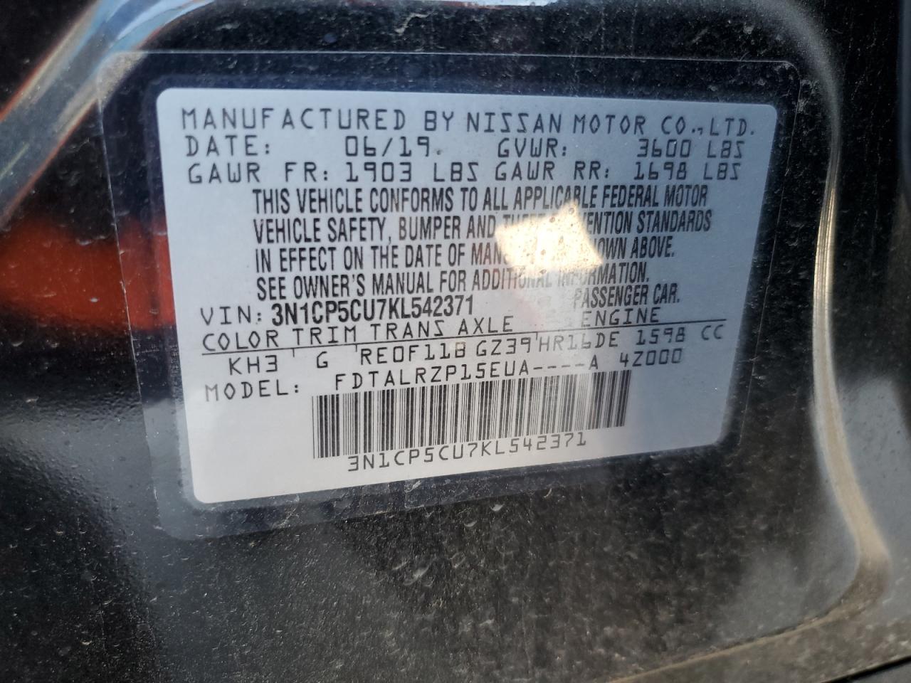 3N1CP5CU7KL542371 NISSAN KICKS 2019
