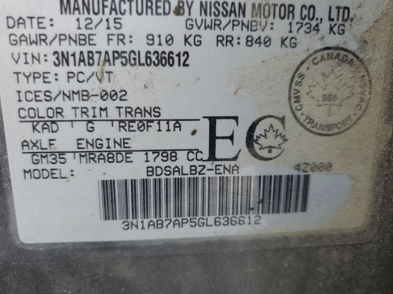 3N1AB7AP5GL636612 NISSAN SENTRA 2016