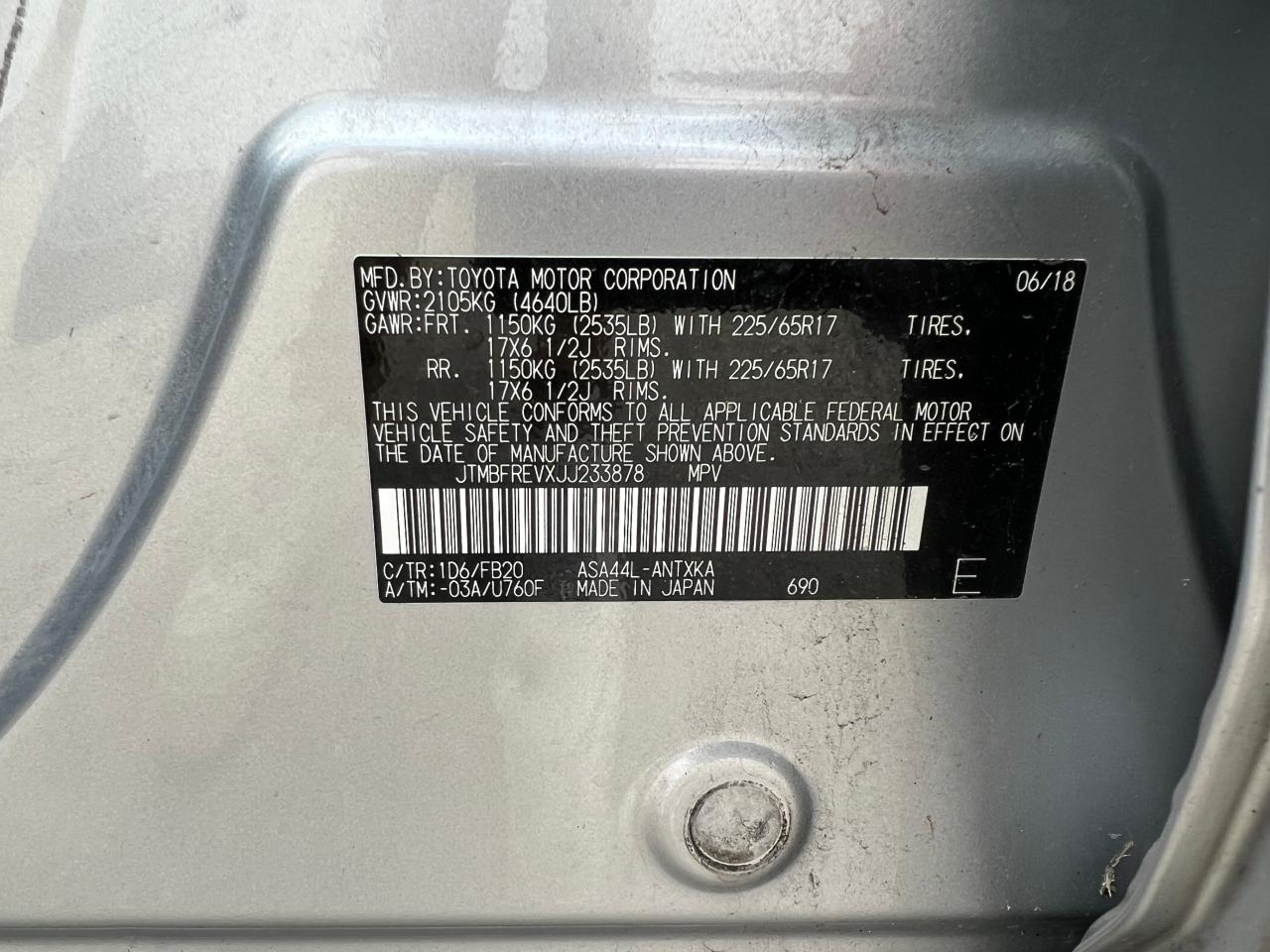 JTMBFREVXJJ233878 TOYOTA RAV4 2018