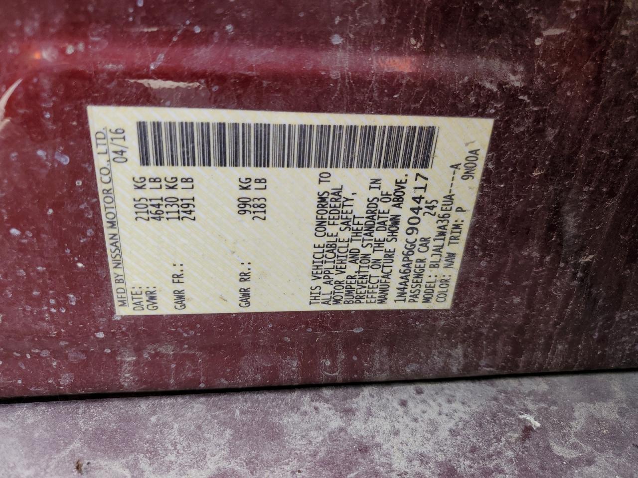 1N4AA6AP6GC904417 NISSAN MAXIMA 2016