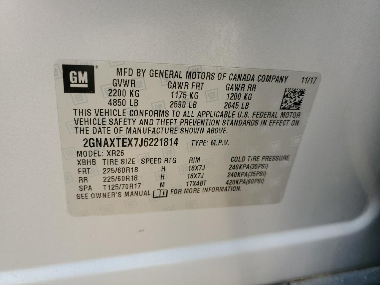 2GNAXTEX7J6221814 CHEVROLET EQUINOX 2018