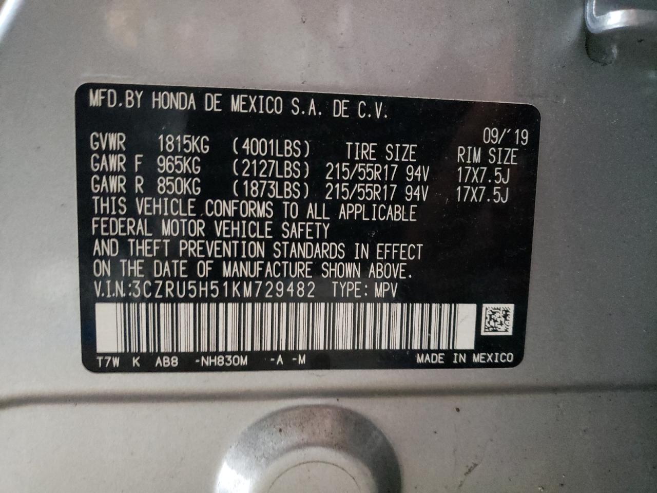 3CZRU5H51KM729482 HONDA HR-V 2019
