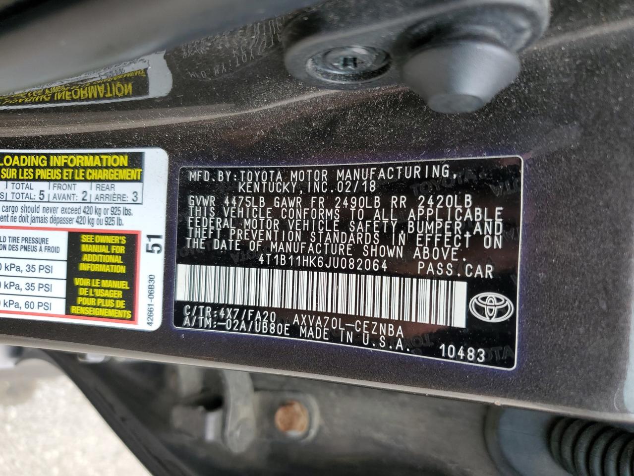 4T1B11HK6JU082064 TOYOTA CAMRY 2018