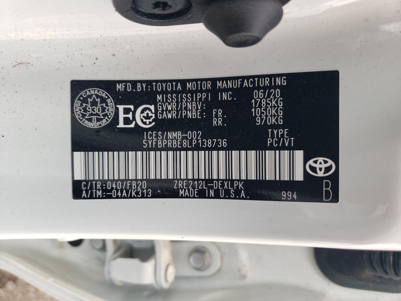 5YFBPRBE8LP138736 TOYOTA COROLLA 2020