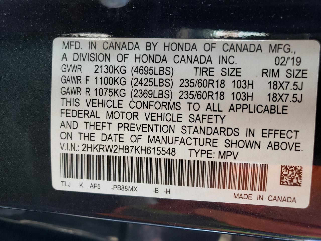 2HKRW2H87KH615548 HONDA CRV 2019