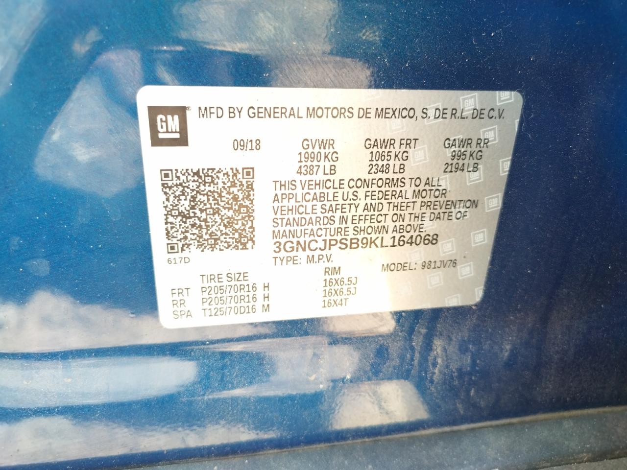 3GNCJPSB9KL164068 CHEVROLET TRAX 2019