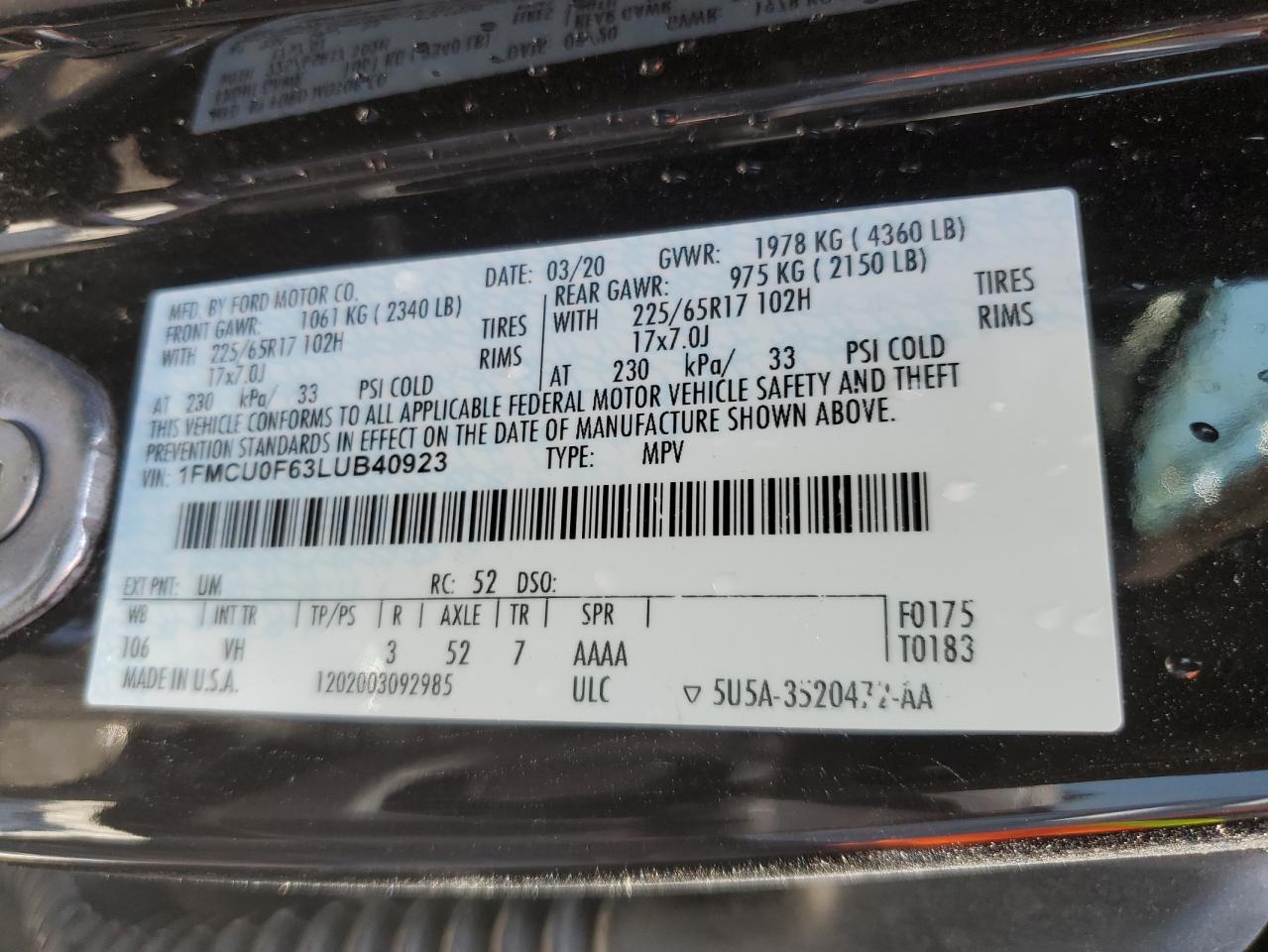 1FMCU0F63LUB40923 FORD ESCAPE 2020