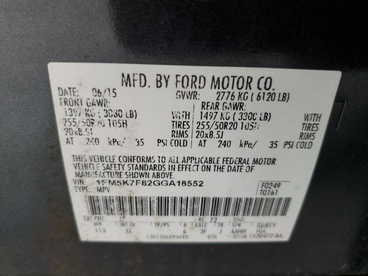 1FM5K7F82GGA18552 FORD EXPLORER 2016