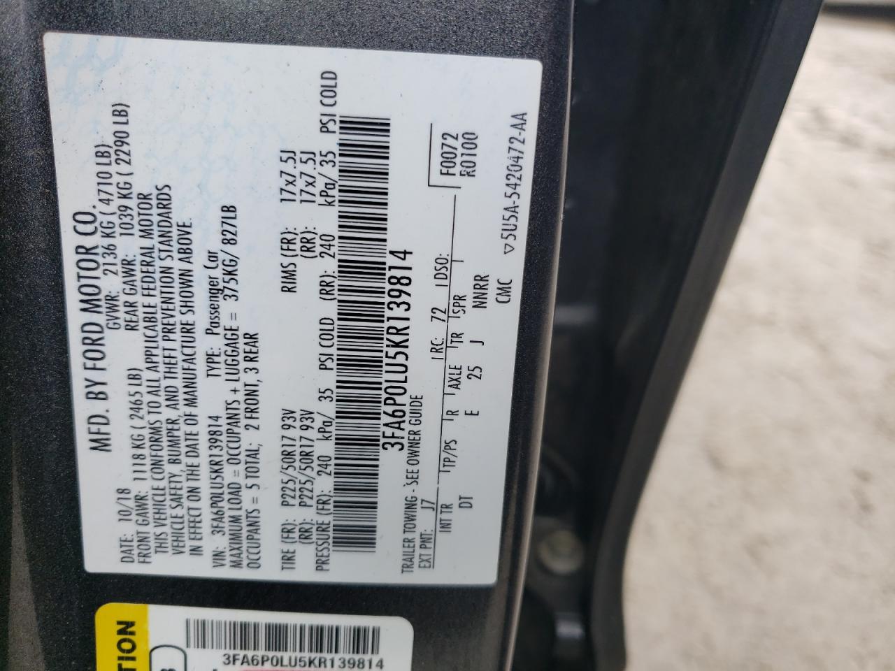 3FA6P0LU5KR139814 FORD FUSION 2019