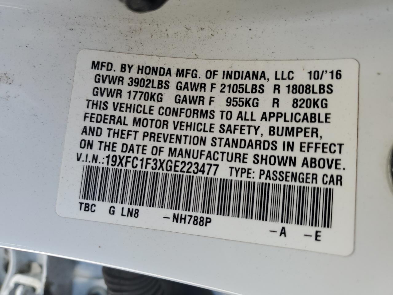 19XFC1F3XGE223477 HONDA CIVIC 2016