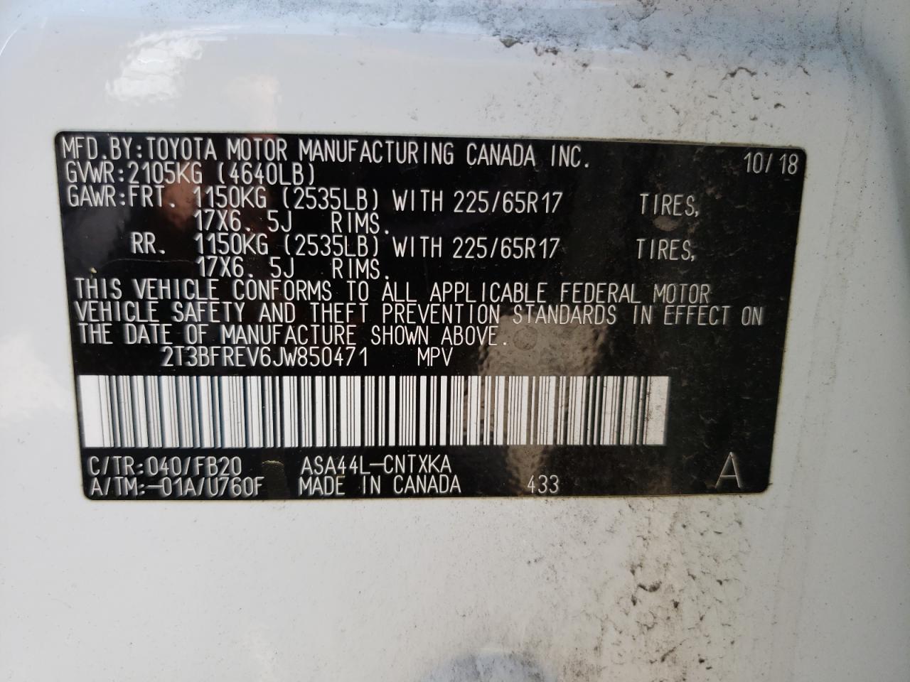 2T3BFREV6JW850471 TOYOTA RAV4 2018