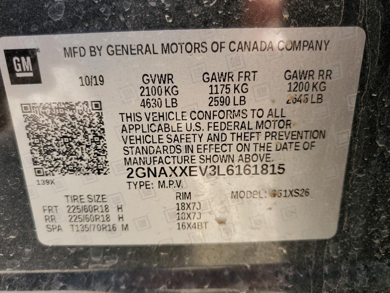 2GNAXXEV3L6161815 CHEVROLET EQUINOX 2020