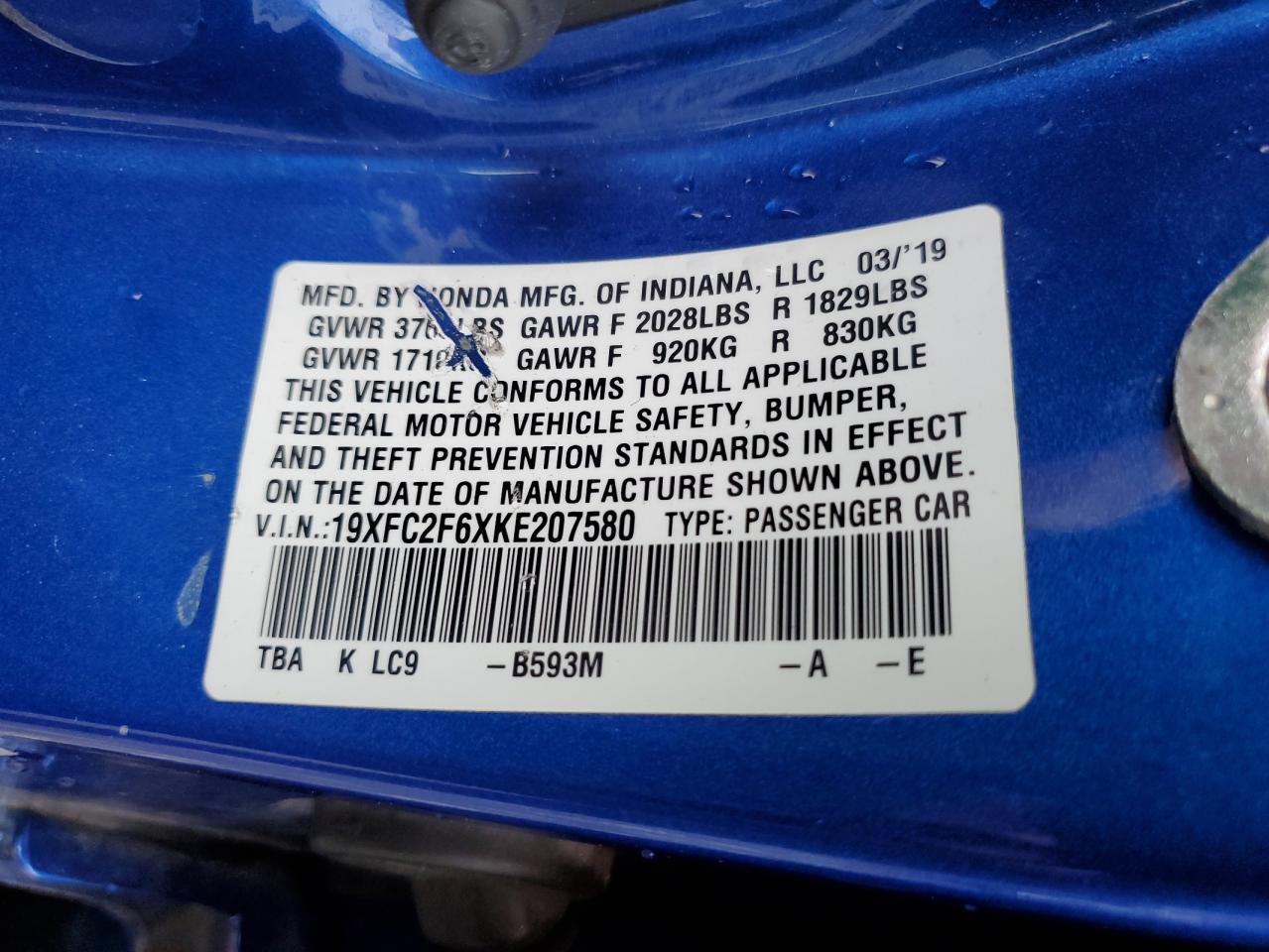 19XFC2F6XKE207580 HONDA CIVIC 2019