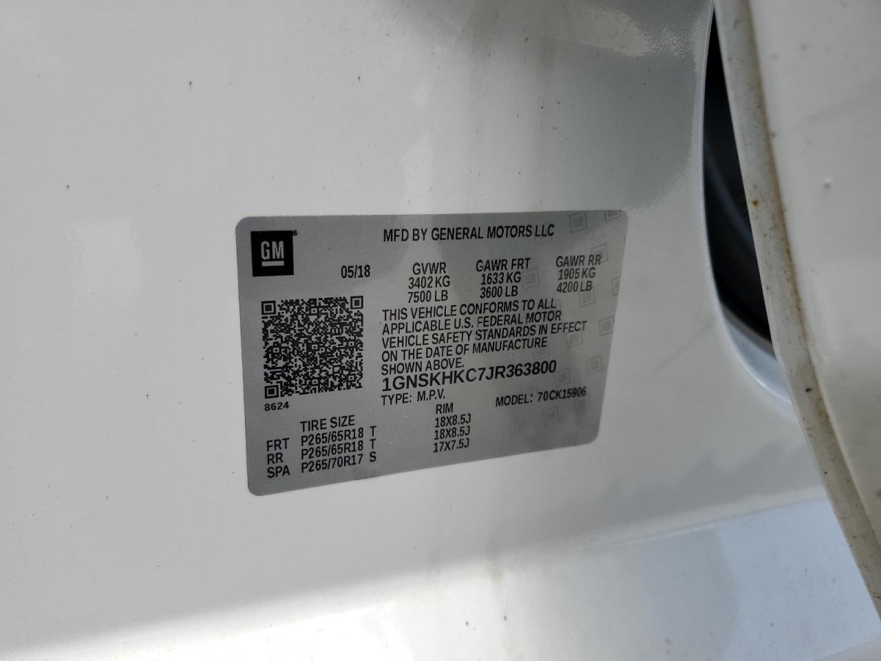 1GNSKHKC7JR363800 CHEVROLET SUBURBAN 2018
