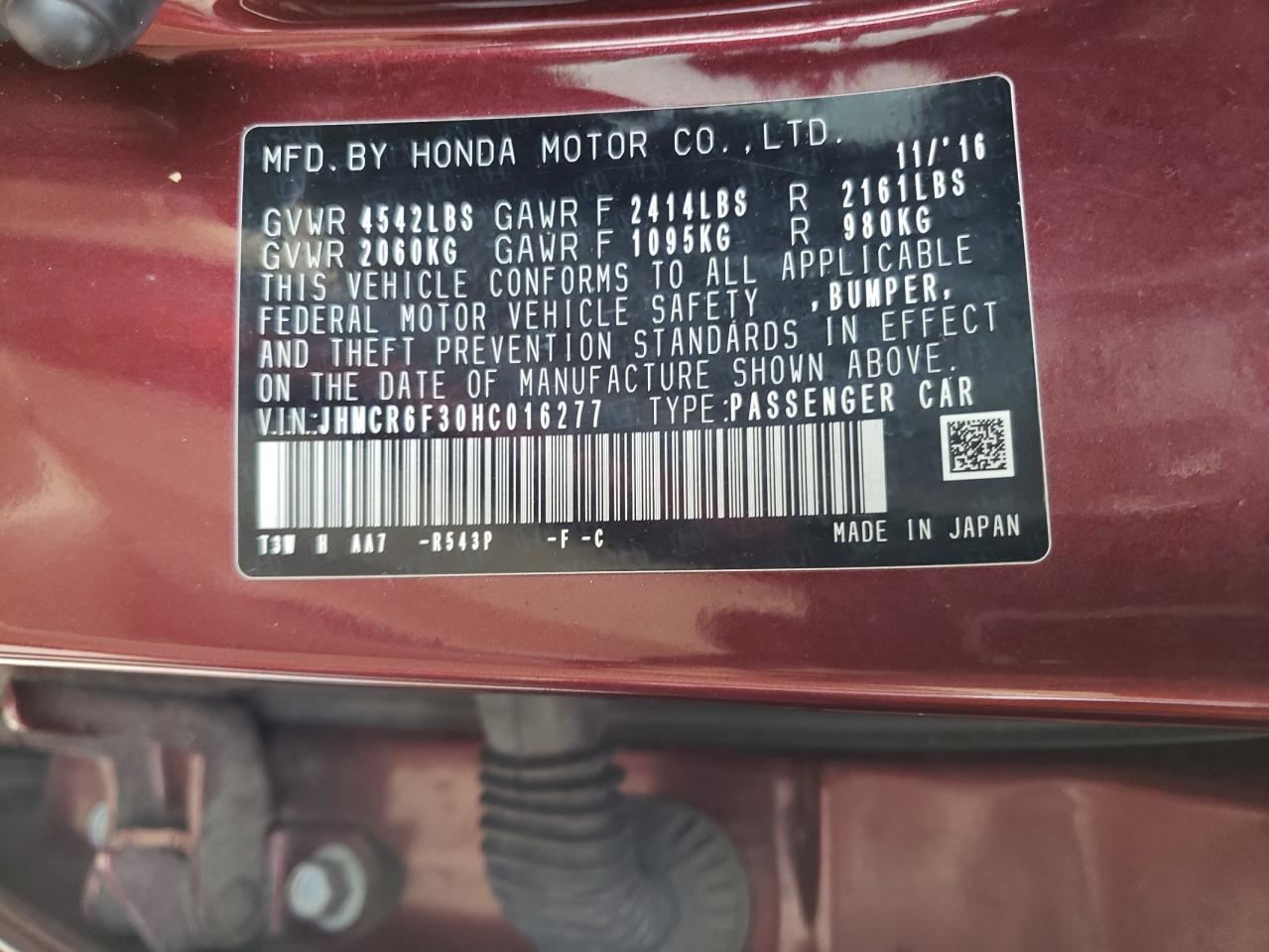 JHMCR6F30HC016277 HONDA ACCORD 2017