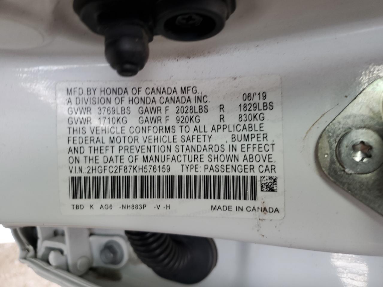 2HGFC2F87KH576159 HONDA CIVIC 2019