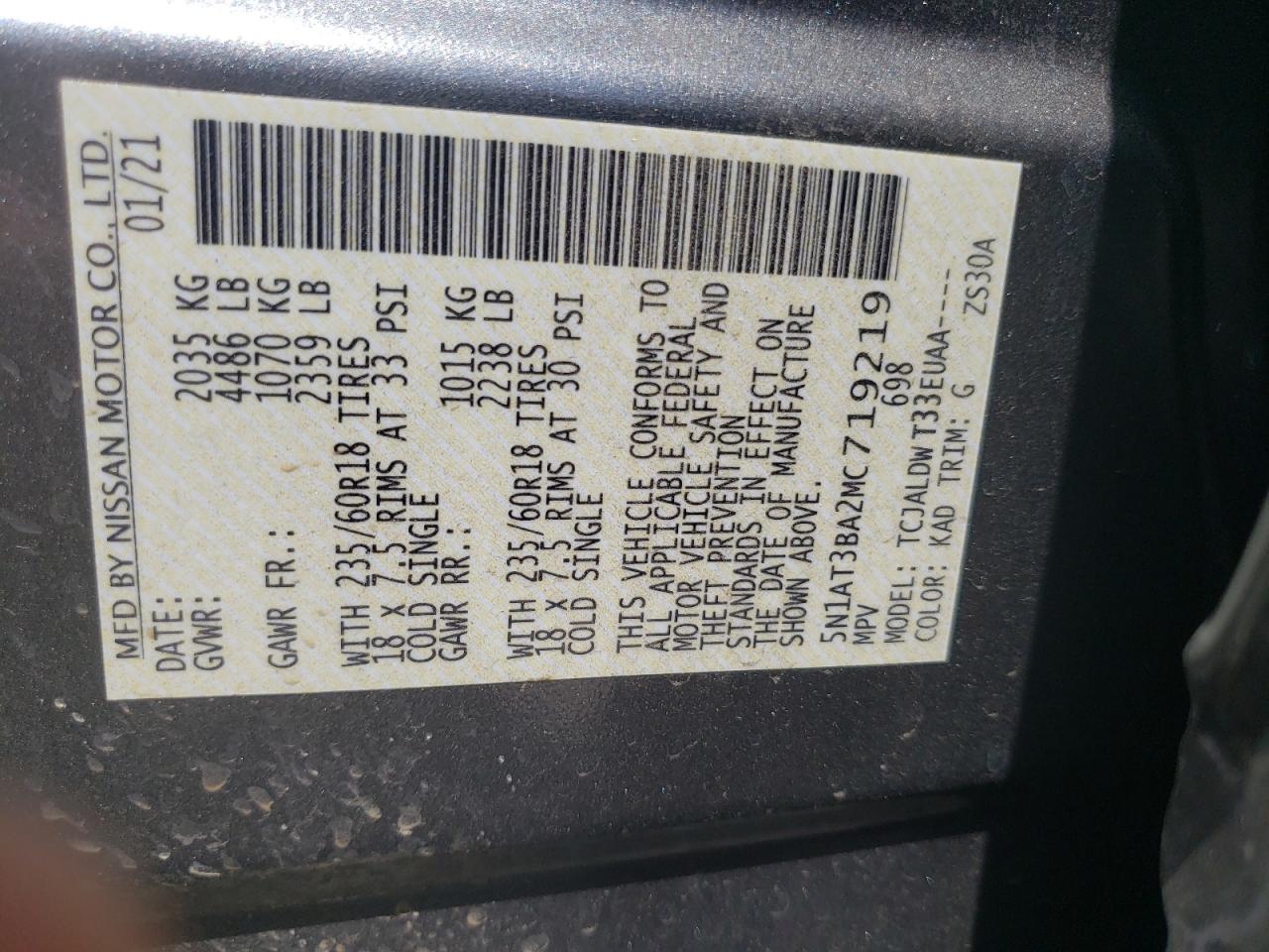5N1AT3BA2MC719219 NISSAN ROGUE 2021