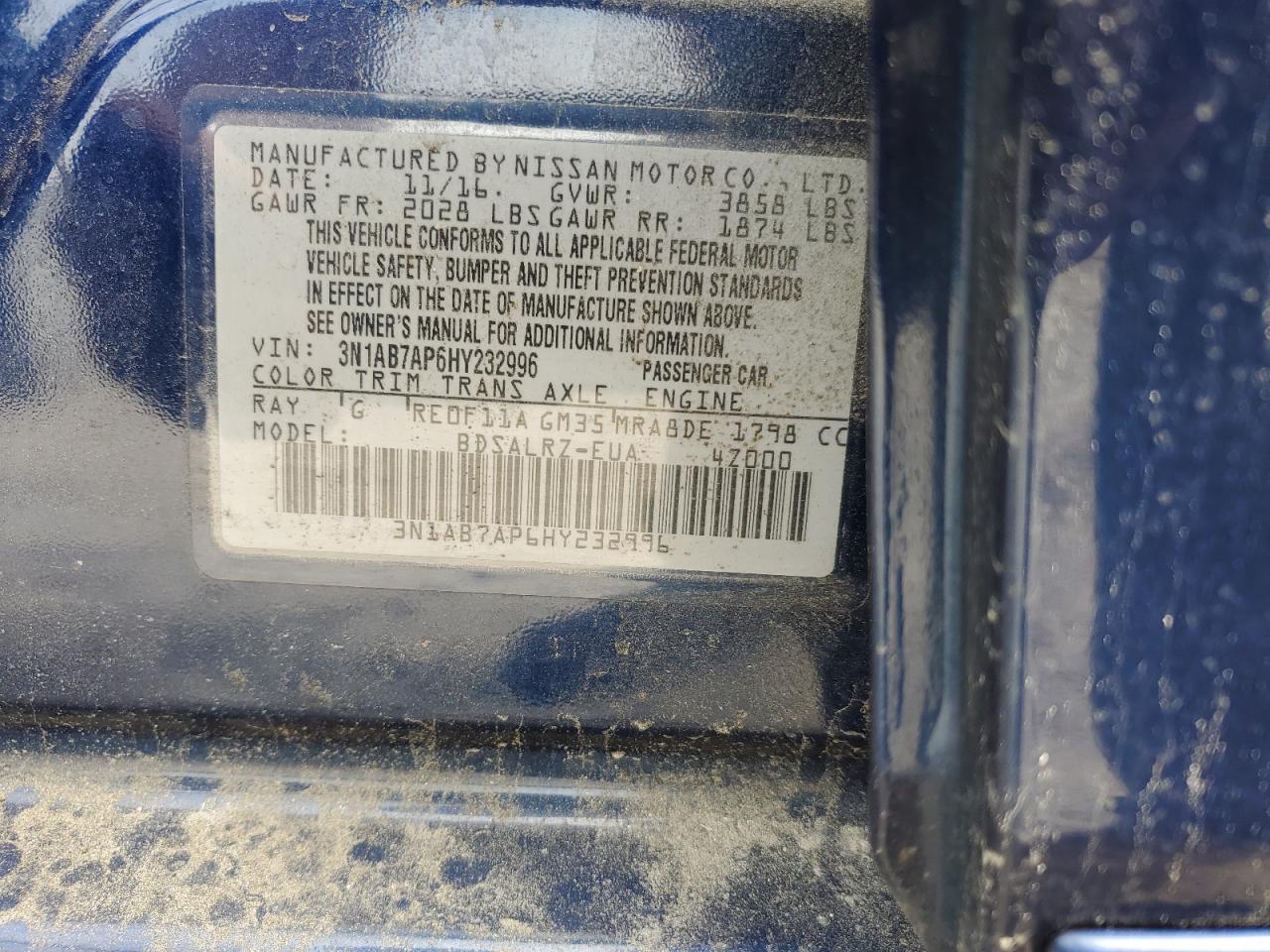 3N1AB7AP6HY232996 NISSAN SENTRA 2017