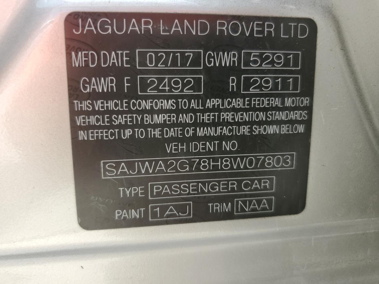 SAJWA2G78H8W07803 JAGUAR XJ 2017