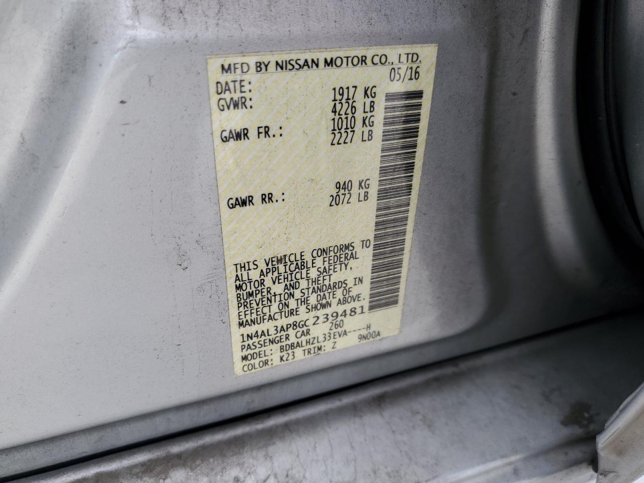 1N4AL3AP8GC239481 NISSAN ALTIMA 2016